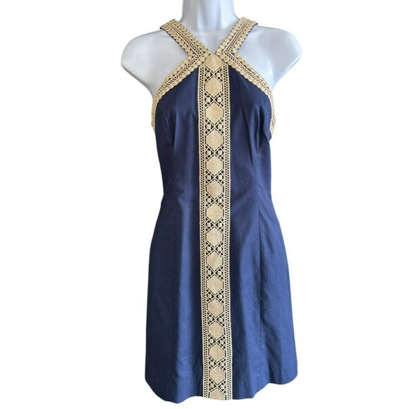 Lilly Pulitzer Women's Navy Blue Beige Vena Stretch Shift Dress Size 4 EUC - Picture 1 of 7